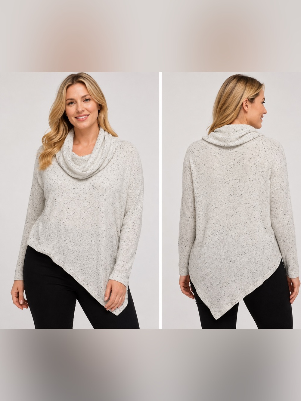 Verve Ami Ivory Black Fleck Cowl Neck Asymmetrical Sweater L NWT